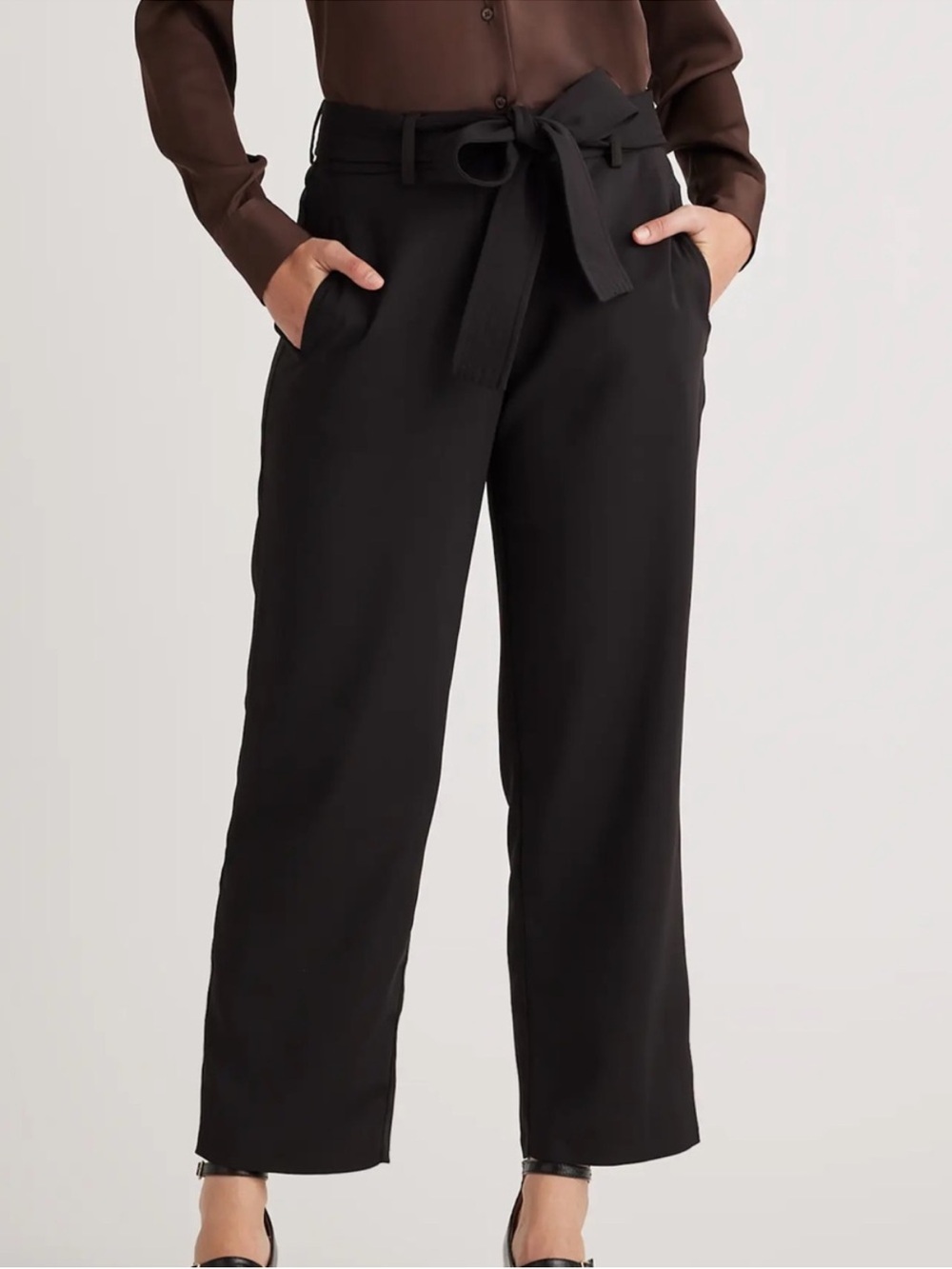NWT Quince Black Stretch Crepe Paper bag Pants Black Size 14